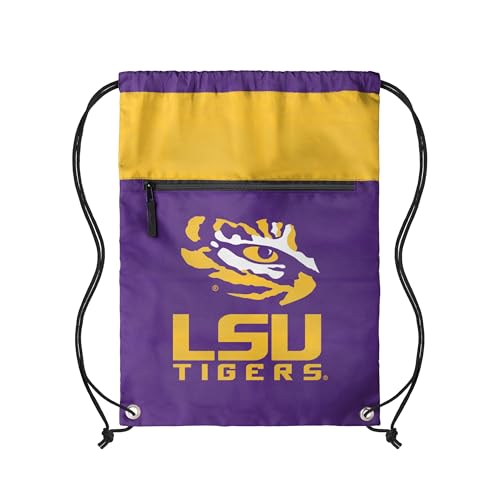 FOCO NCAA Officially Licensed Unisex Team Color Collage Primary Logo Wordmark Drawstring Backpack With Zippered Pocket - LSU Tigers - color: Lsu Tigers