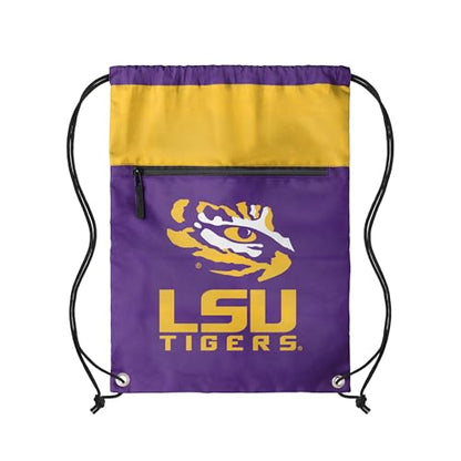 FOCO NCAA Officially Licensed Unisex Team Color Collage Primary Logo Wordmark Drawstring Backpack With Zippered Pocket - LSU Tigers - color: Lsu Tigers