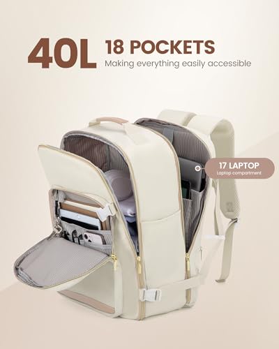 LOVEVOOK 40L Travel Backpack Flight Approved Carry on Backpack,3 Packing Cubes,Waterproof Personal Item Travel Bag,TSA Carry on Luggage Suitcase Travel Essentials,Gifts for Women & Men,fits 17" Laptop - color: Beige-flesh Beige, size: Large-40L-4Pcs