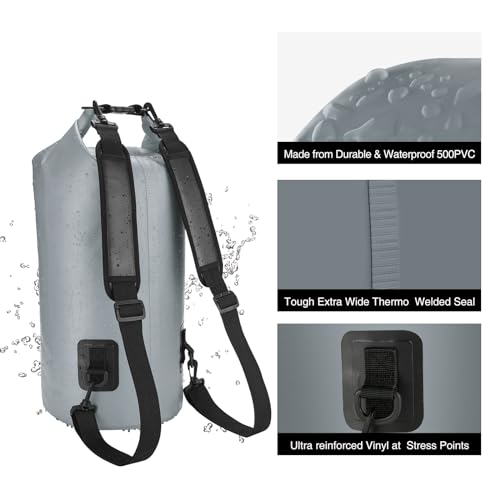 Piscifun Dry Bag, Waterproof Floating Backpack 10L/20L/30L/40L with Waterproof Phone Case for Boating, Kayaking, Fishing - color: Grey, style: 10l