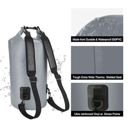 Piscifun Dry Bag, Waterproof Floating Backpack 10L/20L/30L/40L with Waterproof Phone Case for Boating, Kayaking, Fishing - color: Grey, style: 10l