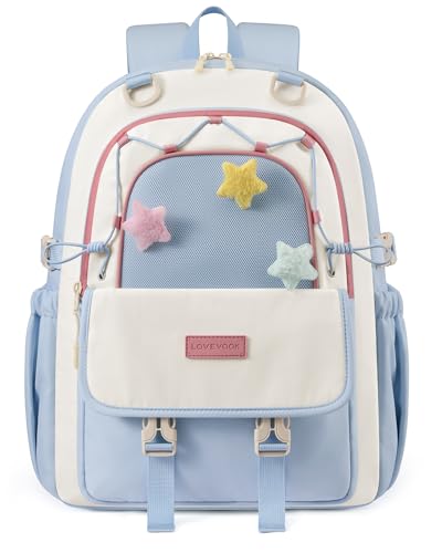 LOVEVOOK School Backpack for Teen Girls, Cute Lightweight Bookbag with Star Charm, Large Capacity Backpack Fits 15.6 Inch Laptop, Water Bottle Holder, Gift for Kids & Students - color: Sky Blush, size: 15.6 Inch