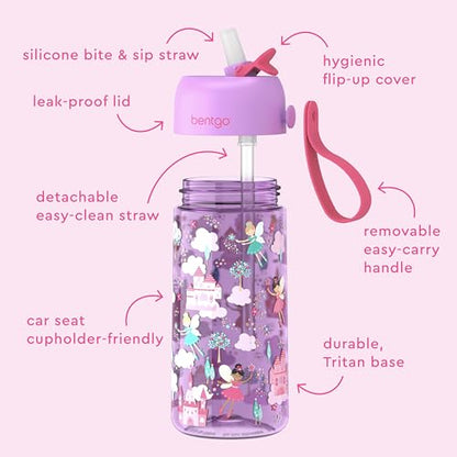 Bentgo Kids Water Bottle 2-Pack - Leak-Proof Durable Tritan BPA-Free 15 oz Cup for Kids/Toddlers Ages 3+; Bite & Sip Spout + Dishwasher Safe for School/Sports/Daycare (Rainbows & Butterflies/Fairies) - color: Rainbows and Butterflies & Fairies
