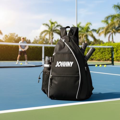 Personalized Pickleball Bag - Custom Paddle Backpack with Name or Logo, Crossbody Reversible Sling for Men & Women with Fence Hook and Water Bottle Holder - color: Black