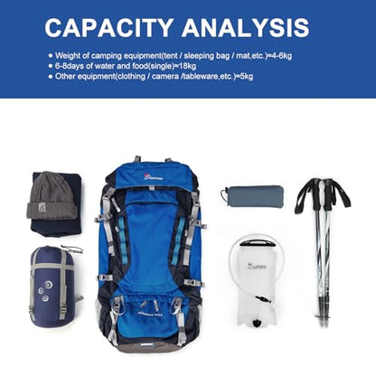 MOUNTAINTOP 80L Internal Frame Backpack for Man & Women Backpacking Hiking Backpack with Rain Cover - color: Blue-80l