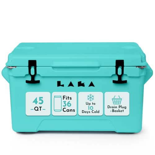Laka Cooler – 45 Quart Rotomolded Hard Cooler, Insulated Ice Chest Holds 36 Cans/45 lb Ice, Up to 7 Days Cold, Drain Plug + Basket, Non-Slip Feet, Beach Boat Camping Tailgate - color: Seafoam