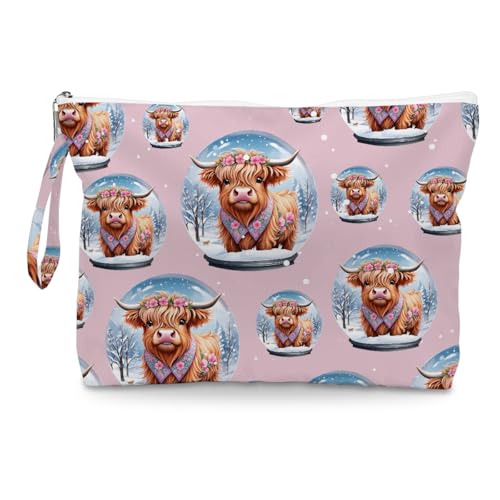 Fokongna Cute Print Wet Bag, Small Portable Waterproof Multi-Functional Organizer for Women, Pink Highland Cow Snow Globe, Ideal for Daily, Beach & Travel - color: Pink Highland Cow Snow Globe