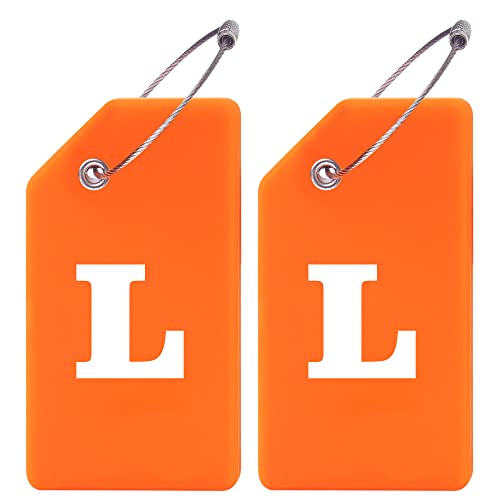 Gostwo 2 Pack Silicone Luggage Tags for Suitcases, 26 Initial Letter Baggage Labels Handbag School Bag Suitcase Instrument Tag with Stainless Steel Loop(Orange)(Letter L) - color: Orange, size: L