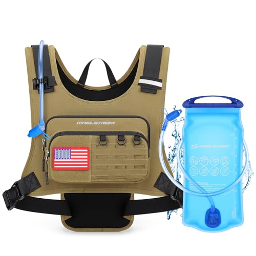 Maelstrom Hydration Vest with 2L Water Bladder Backpack for Running Hiking | Chest Pack, BPA-free, High Flow Bite, Reflective Stripe, Helmet Buckle, Detachable, Breathable Pad, for Cycling, Marathon - color: Khaki