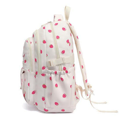 Phaoullzon Girls High Middle School Strawberry Backpack for Kids Kawaii Bookbag College Daypack,Strawberry - color: Beige Strawberry, size: Large (17.5 Inch)