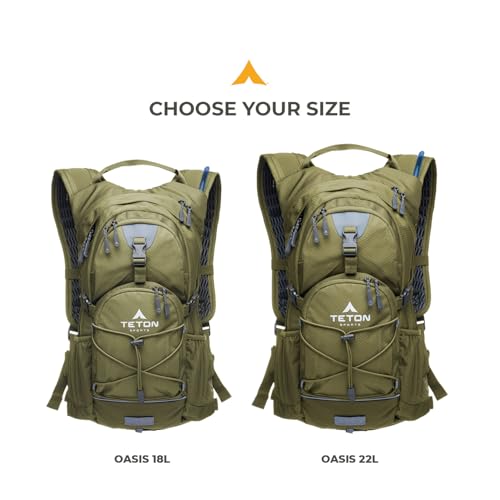 Teton Oasis/Trailrunner Hydration Backpack – Lightweight Water Pack with 2L/3L Bladder for Hiking, Running, Cycling, Biking 18L/22L Sizes – Sewn-in Rain Cover – Fits Men and Women - color: Olive, size: 18 Liters