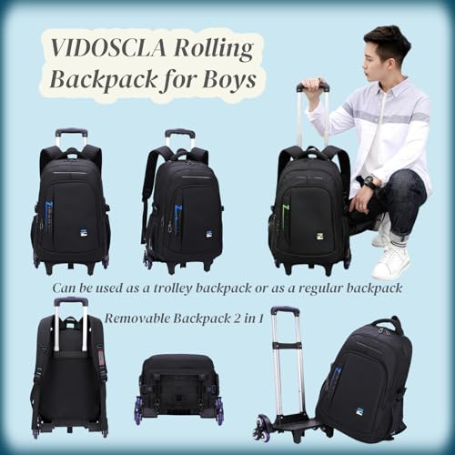 VIDOSCLA Elementary Trolley Backpack Senior High School Rolling Carry-on Luggage Book Bag with Wheels for Teens - color: A1# Black Green-2 Wheels, style: A1# 2 Wheels