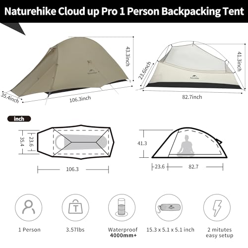 Naturehike Cloud Up 1 Person Tent, Lightweight Backpacking Tents for One Man, Waterproof Ultralight One Person Tent for Camping Hiking Backpacking - color: Sand