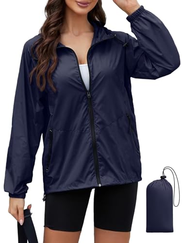 PITINAN Lightweight Rain Jacket Women Packable Wind Breaker Light Rain Jacket Women Waterproof Travel Raincoat S-XXL - color: Navy Blue, size: Medium