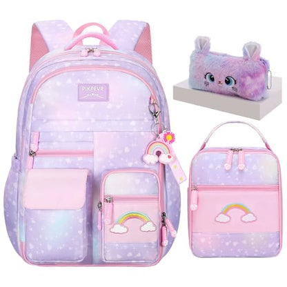 Jcobvig 3Pcs Kids Backpack For Girls,Cute Rainbow Student School Backpack With Lunch Bag Pen Bag Set (Purple Large 17.5in - color: Purple, size: Large