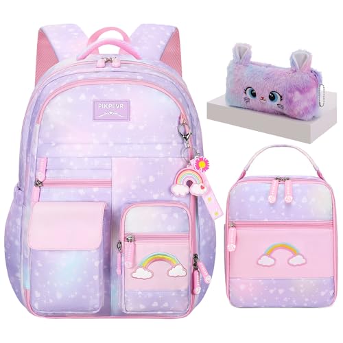 Jcobvig 3Pcs Kids Backpack For Girls,Cute Rainbow Student School Backpack With Lunch Bag Pen Bag Set (Purple Medium 16.5in - color: Purple, size: Medium
