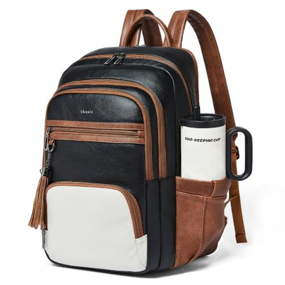 Shrrie 17 Inch Faux Leather Laptop Backpack for Women with Large Cup Holder - color: Black and Beige With Caramel Brown