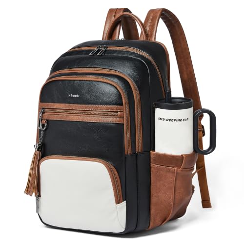Shrrie 17 Inch Faux Leather Laptop Backpack for Women with Large Cup Holder - color: Black and Beige With Caramel Brown