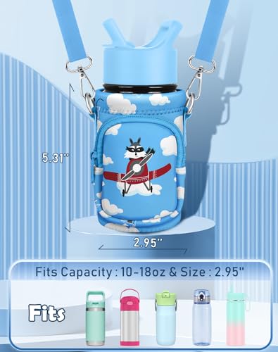 Miss Adola Water Bottle Carrier with Strap - Insulated Kids Water Bottle Holder for Boys Girls Bottle Bag for 10-18Oz - color: Airplane Raccoon