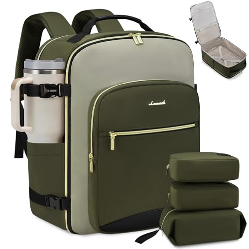 LOVEVOOK 50L Large Travel Backpack for Women, Carry on Backpack Airline Approved, Waterproof Travel Essentials fits 18" Laptop, TSA Personal Item Travels Bag Sports Backpack with 3 Packing Cubes - color: Pea Green-olive Green-black, size: 18.5 Inch-50L-4P