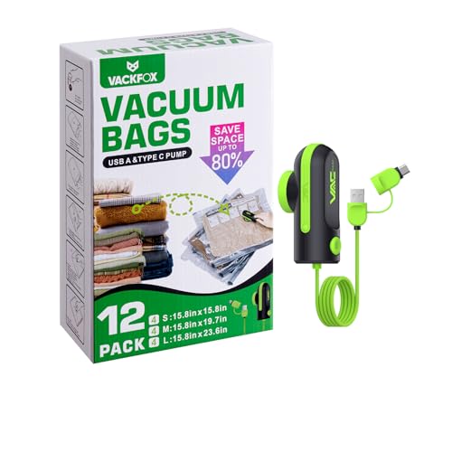 12 Pack Vacuum Bags for Travel with USB & TYPE C Pump,Compression Packing Cubes for Luggage,Carry-on Space Saver Vacuum Seal Bags&Vacuum Storage Bags for Vacation(Green) - style: Green-12 Vacuum Bags + USB & TYPE-C Pump