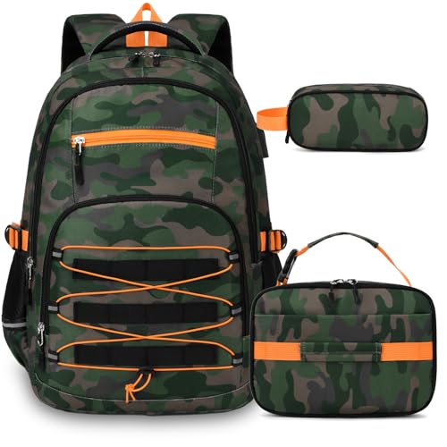 ACESAK Camo Backpack for Boys, Tactical Kids Backpack Boys, School Bags for Boy Children Teens Kids Elementary Middle High School, Military Bookbag and Lunch Bag Pencil Case Set with USB Charging Port - color: Green Orange