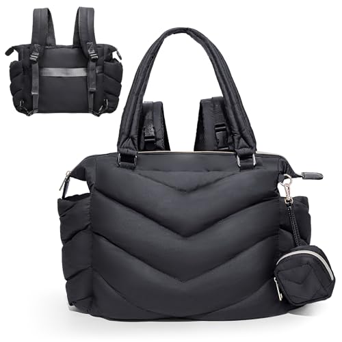 Diaper Bag Tote, Diaper Bag Backpack,Puffer Tote Bag with Pacifier Case, Lightweight Mommy for Hospital, Puffy with 10 Pockets, Convertible Baby for Travel, Black - color: Black