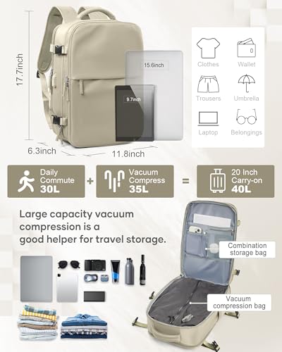 suwasp Vacuum Compression Backpack, 40L Expandable Travel Backpack with Electric Vacpack Pump, Travel Vacuum Bags with Shoe Compartment/15.6inch Laptop Compartment/USB Port, Khaki - color: Khaki, size: Medium