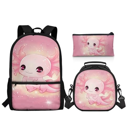 Axolotl Backpack School Bag for Kids Boys Girls 3PCS School Backpacks Bookbag with Insulated Lunch Bag with Pencil Case for Elementary School - color: Axolotl