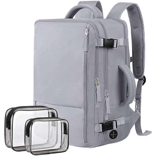 Hanples Large Travel Backpack for Women as Person Item Flight Approved, 35L Carry on Backpack,17 Inch Laptop Backpack with USB Charging Port, Travel Essentials with 2 Toiletry Bags (Gray) - color: Gray, size: Large