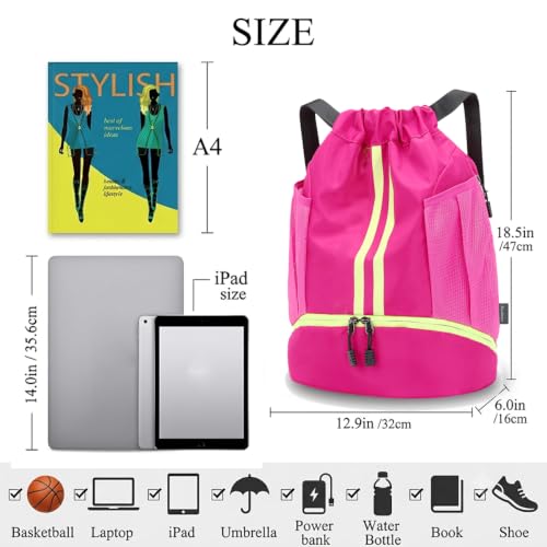 Drawstring Backpack with Shoe Compartment,Water Resistant Sports Gym Bag,String Bag for Men Women,Soccer,Basketball - color: Rose