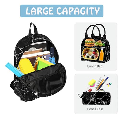 3PCS Marble Backpack Set for Teens Elementary Middle High School, 17 Inch Lightweight Classic Backpack 3 in 1 Set for Girls Boys, Kids Back to School Backpack with Lunch Box Pencil Case - color: Black Marble