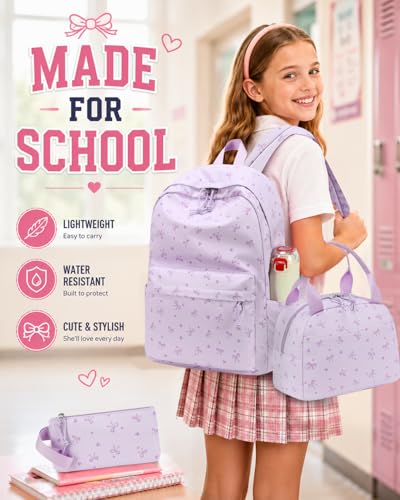 CAMTOP Girls Backpack with Lunch Box Set, Cute Bow School Backpack for Kids, 3-in-1 Lightweight Lunch Bag and Pencil Pouch - color: Purple Heart Bow