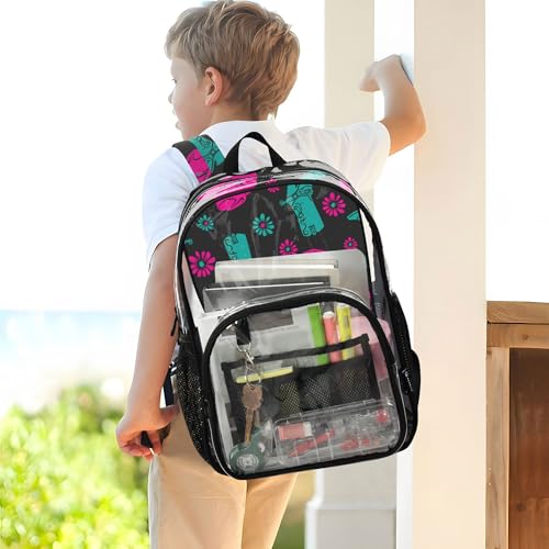 Western Cowgirl Flowers Clear Backpack PVC Transparent School Backpack Lightweight Student Book Bags Capacity Clear Bag - color: Magnet Black