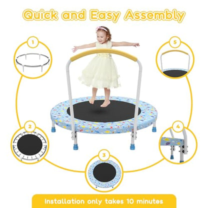 Mersco 36" Mini Toddler Trampoline with Handles, Indoor Quiet Kids Trampoline with Super Safety Mat and Durable Steel Frame, Indoor/Outdoor - color: Light Blue Print