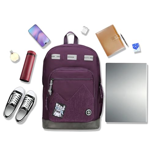 Swissdigital Design Big Student Laptop Backpack with Fun Personalized Patches For College Boy & Girl, Middle High School Teen Bookbag Cool Travel Daypack Purple - Includes 3 Patches | SD1718-51 - color: Dark Purple