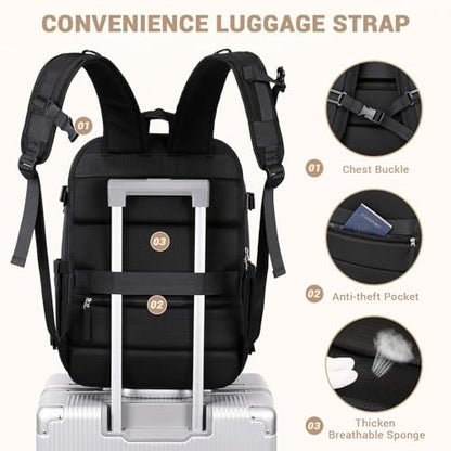 MOONBABY Travel Backpack for Women Men Carry On Flight Approved 3pcs Set Personal Item Travel Bag With Luggage Strap - color: Black
