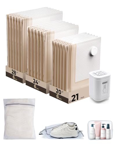 BAGSMART Vacuum Seal Storage Bags for Clothing Travel, 21 Pack Travel Essentials Bundle includes Laundry Bag & Waterproof Shoe Bag & TSA Approved Toiletry Bag, Hand Pump Included - color: Khaki, size: 21 Combo Travel