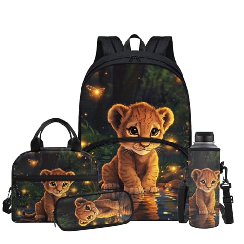 Cute Lion Backpack for Boys Girls Backpack with Lunch Box Water Bottle Carrier and Zipper Pencil Case 4Pcs Set 17" Bookbag with Large Front Pocket Lightweight School Bag for Kids Elementary - color: Cute Lion