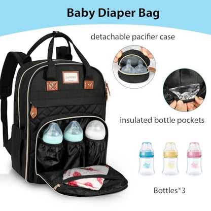 LANDICI Diaper Bag Backpack, Multifunction Baby Diaper Bags with Changing Pad, Stroller Straps & Pacifier Case, Travel Essentials Back Pack for Mom Dad Boy Girl, Large Capacity, Waterproof, Black - color: Black