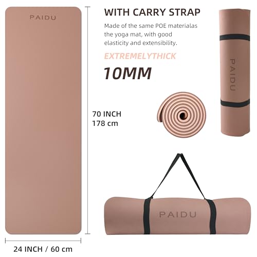 PAIDU Yoga Mat Non Slip Anti-tear,extra thick-2/5 inch（10MM）High Resiliency Professional POE Yoga Mats for Women Men Kids,72"x24"inch,Workout, Yoga, Pilates and Floor Exercise, with Carrier Strap - color: Brown+Apricot