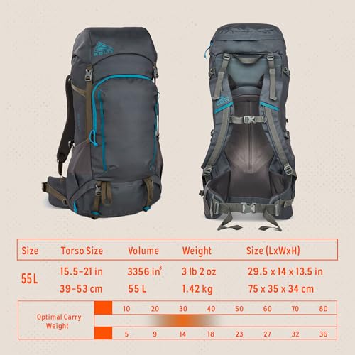 Kelty Asher Backpack, Daypack to Multi-Day Backpacking Capacity, Hiking, Lightweight Travel Pack, Internal Frame (55L Beluga) - color: Beluga/Stormy Blue, size: 55L