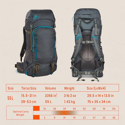 Kelty Asher Backpack, Daypack to Multi-Day Backpacking Capacity, Hiking, Lightweight Travel Pack, Internal Frame (55L Beluga) - color: Beluga/Stormy Blue, size: 55L