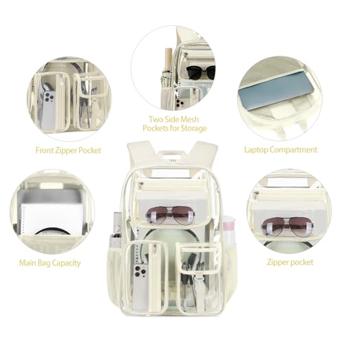 Cusangel Clear Backpack Heavy Duty Clear BookBag,16inch TPU Large Capacity See Through Backpack for Sport Events,Travel (beige) - color: Off-white
