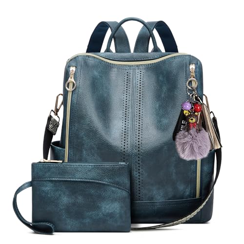 Makes Backpack Purse for Women PU Leather Travel Satchel Handbag Convertible Design Bag with Purse - color: Blue Quadruple Zipper