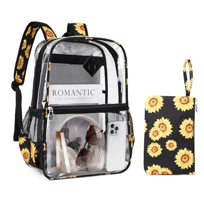 MUSEVOS Clear Backpack for School, Heavy Duty PVC Transparent Bookbag for Girls Stadium Approved See Through Backpack, Sunflowers - color: Sunflowers