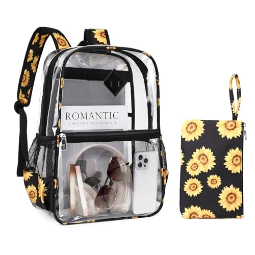 MUSEVOS Clear Backpack for School, Heavy Duty PVC Transparent Bookbag for Girls Stadium Approved See Through Backpack, Sunflowers - color: Sunflowers