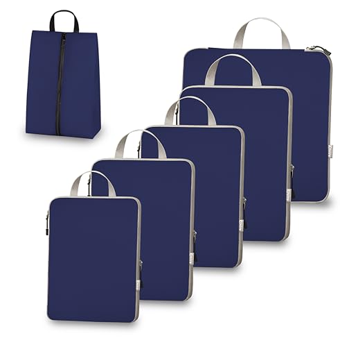 6 Set Compression Packing Cubes for Travel Expandable Packing Organizer Bag | Water-Resistant Suitcase Bags with Shoe Bag, Ultralight Storage Travel Bags for Carry-on Luggage, S M L XL Sizes, Blue - color: Blue, size: Set of 6