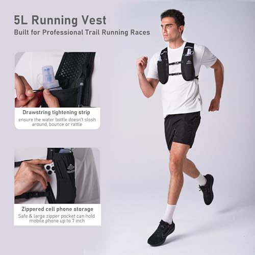 Running Vest for Women Men, 5L Hydration Vest with Dual 500ml Soft Flask, Lightweight Water Backpack, Adjustable Chest Straps Running Hydration Backpack for Running Cycling Hiking - color: Black