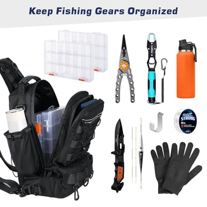 MoKo Fishing Backpack Sling Bag with Rod & Gear Holder, Nylon Waterproof Fishing Tackle Storage Bag for Fishing - color: Black